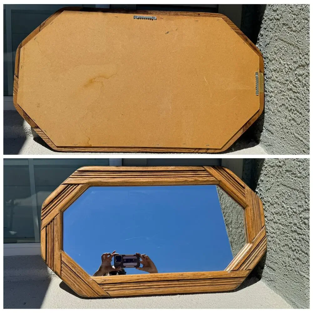 vintage hand crafted by Happythings elongated octagonal mirror reed rattan frame